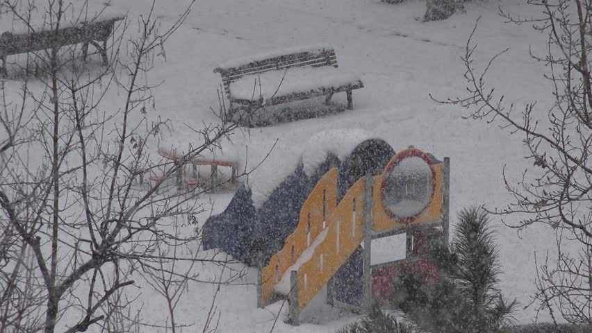 4K Snowing Playground, First Snow Fall in Park, Winter Scene, Children