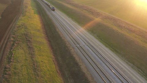 Aerial view of train at sunset