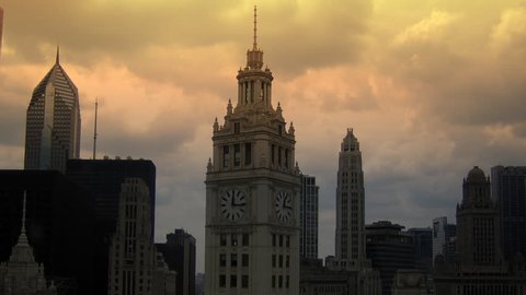 timelapse of clouds over the Wrigley Building in Chicago
