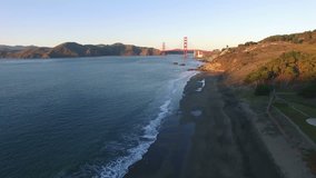 4K Aerial drone shot San Francisco golden gate beach sunset