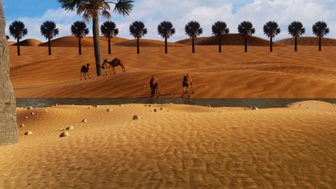 Sahara Desert Loop with camel and palm trees