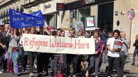 Bristol, UK - september 12 2015 - Refugees Welcome Here: National Day of Action (Bristol) - "demonstration in Favour of migrants: open european border"- Bristol, UK