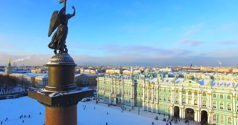 Aerial view of Winter Palace (Hermitage museum) and Alexander Column on Palace Square, Saint Petersburg, Russia.
