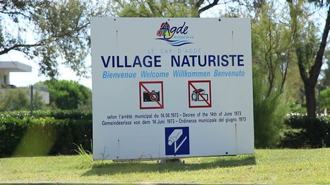 Le Cap D Agde village naturiste entrance sign 1. Cap d'Agde, France. Sep 2013