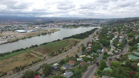Aerial View of Country Town River & City (Launceston, Tasmania)