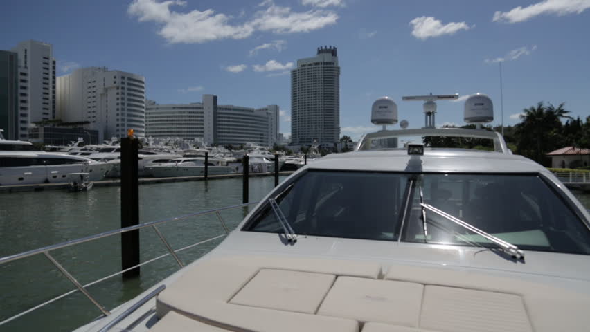 Miami, river creek, February 2013. A view of Miami Beach and its buildings from an Azimut Benetti boats, leaving the boat show.