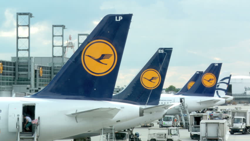 FRANKFURT, GERMANY - MAY 23 Tail fins of airplanes at Airport Frankfurt, May 23,