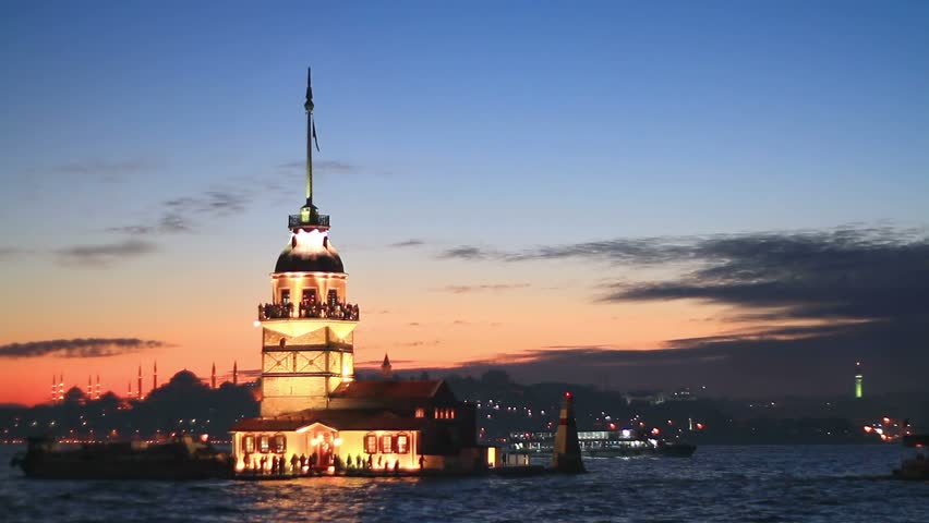 Istanbul Maiden Tower from the east in sunset. In the distance are such