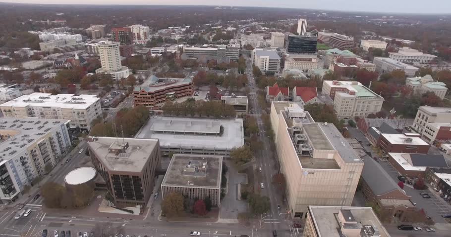 Aerial footage of downtown Raleigh, NC in November.