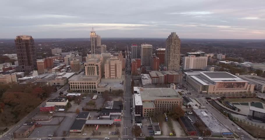 Aerial footage of downtown Raleigh, NC in November.