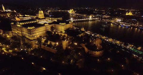 Aerial night view around Buda Castle, Budapest