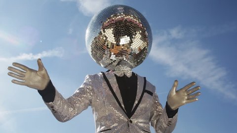 mr discoball. a super cool disco club character enjoying some summer sunshine