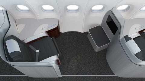 Luxurious business class cabin interior with metallic gold partition.  3D animation in original design.
