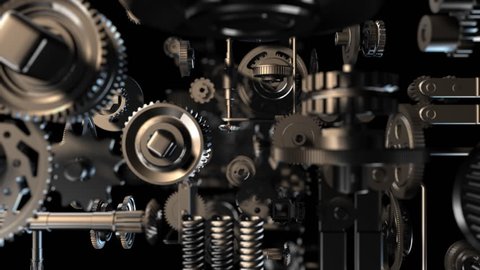3d background with endless, complex clockwork machinery. Loop. Depth of field.