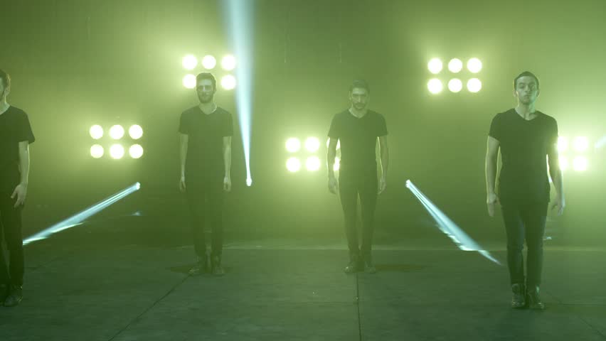 4K. Dance team of four boys. Synchronized dance.  FEW SHOTS!