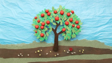 Four seasons cycle pictured on a tree. Time passing theme in artistic nature background. Stop motion animation.