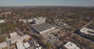 Aerial footage of downtown Raleigh, NC.  Shot from above Moore Square.