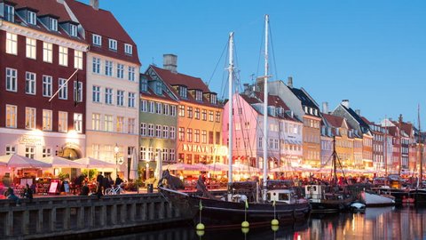 Time Lapse of Scenic Nyhavn District Day to Night - Copenhagen Denmark - Circa November 2015