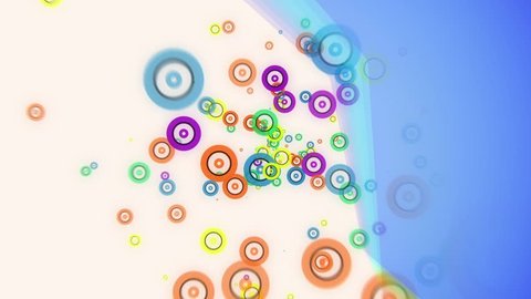 Abstract flying colorful glow circles particles animation with geometrical blue solid on light background for titles.