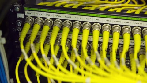 Back Side Of Modern Working Data Center Servers With Yellow Cable - Cloud Service And E-Commerce, Upload And Download Server  - Pan Right