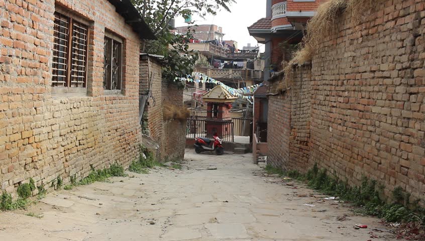 A narrow street in a residential area of Kathmandu