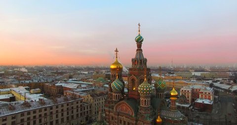 Aerial view of the Domes of the Church of the Saviour on Spilled Blood at sunset, St. Petersburg, Russia. The church was built between 1883 and 1907, now it is one of the main St. Petersburg's sights.