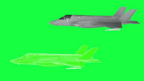 Military plane F-35 , rotate animation , wireframe render. green screen footage