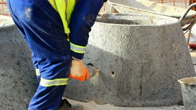 Construction Worker with drill for concrete in slow motion, Drill for concrete, Slow Motion Video clip