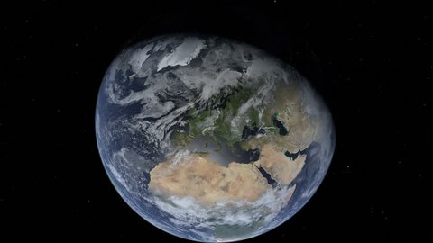 Realistic 3D earth zooming out of europe into space