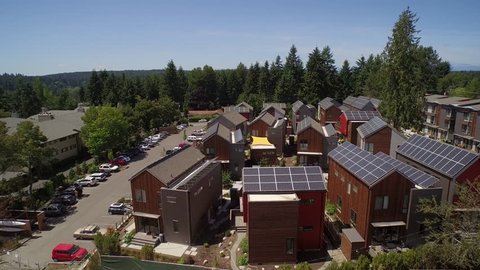 ULTRA HD 4K Aerial view of solar panels on building rooftops - Grow Community Bainbridge Island, Washington, USA