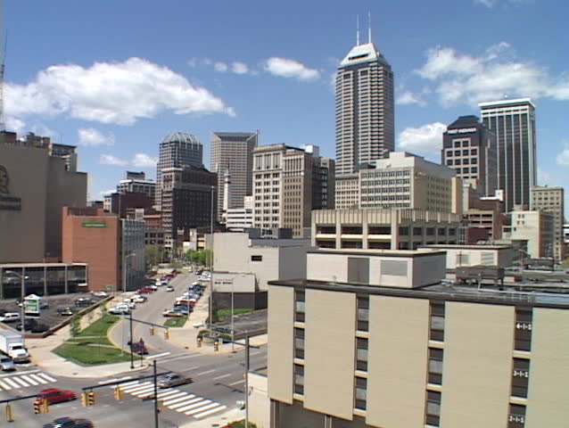 Traffic moves through downtown Indianapolis.