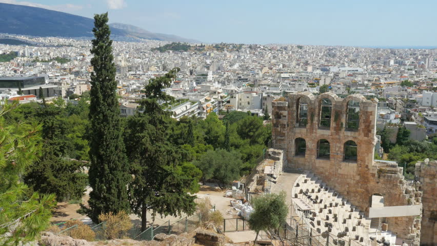 Amphitheatre in Acropolis with Athens city view, Greece, 4k