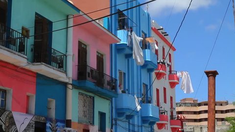 Havana, Cuba. Clothes Hanging from Window Drying. Drying Clothes on a Sunny day, Handing from Colorful Building.