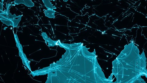 World connections. Middle East. Aerial, maritime, ground routes and country borders. Animation of the Earth with bright connections and cities. Locked. Cyan.
