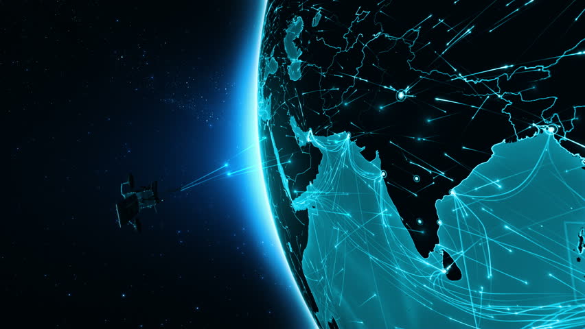 Satellite sending signals to Earth. India and Middle East. Animation of the Earth with bright connections and cities. Aerial, maritime, ground routes and country borders. 2 shots in 1 file. Cyan.