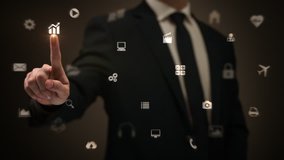 Businessman working on holographic interface. Financial. Brown. Man touching a visual screen with holographic computer icons. Financial diagrams appearing. More color options in my portfolio. - Powered by Shutterstock - Get 15% off with code: PIKWIZARD15