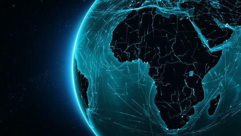 Earth connections. Africa. Animation of the Earth with bright connections. Aerial, maritime, ground routes and country borders. Cyan.