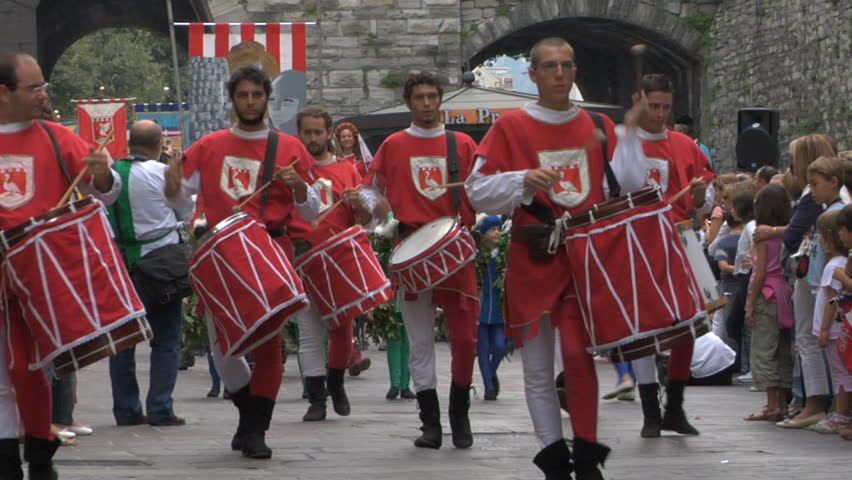 Como, Italy - September 2011: Palio del Baradello. Drummers and flag twirlers