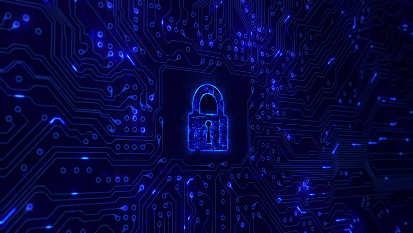 Network security. Lock with circuit board. Firewall. Loopable. Zoom. Blue. Computer security. Royalty-Free Stock Footage #13807010