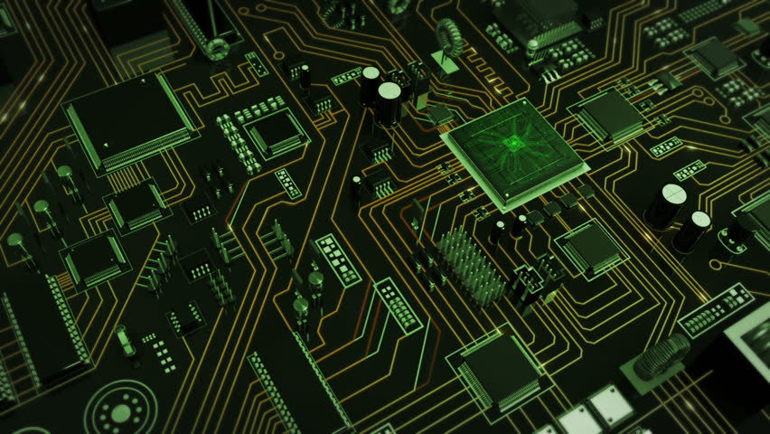 Futuristic circuit board with moving electrons. Loopable. Technology. Orange-green. Flying over a circuit board ending on the CPU with blue electrons. This video is loopable from frame 588 to 851. Royalty-Free Stock Footage #13807769