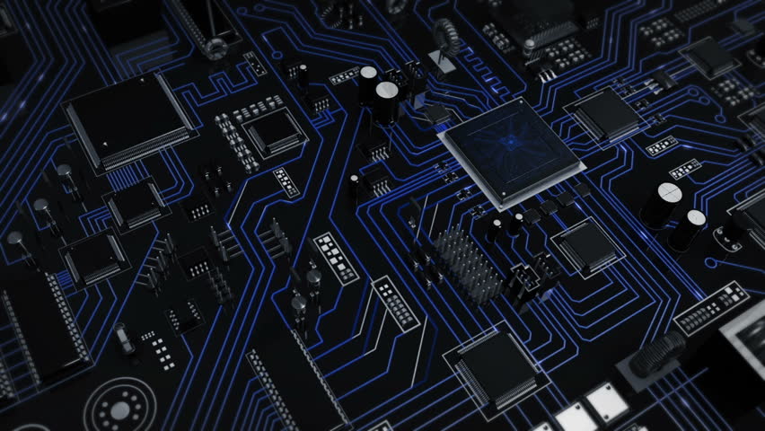 Flying over a futuristic circuit board ending on the CPU with blue moving electrons. Loopable from frame 588 to 851. Technology background. Grey-Blue. Royalty-Free Stock Footage #13808399