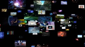 Journey through video screens. Luma matte. Selection of screens showing multiple themed videos.