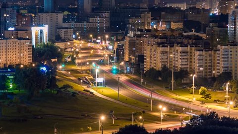 Minsk Night traffic Crossroad City lights Timelapse 4K