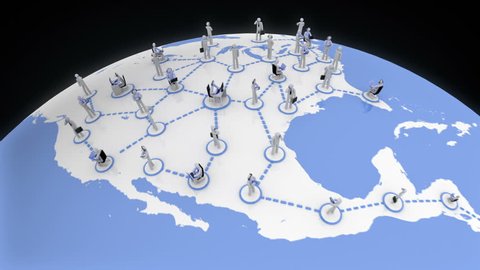 World Network. Blue. Asia-America. 2 videos in 1 file. Animation representing the earth as a network, every character is connected through a technological device to internet, a social network, etc.