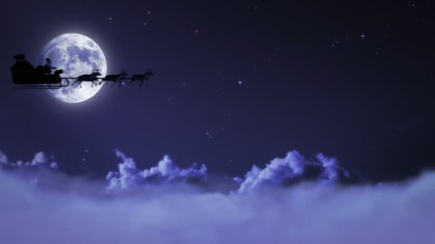 Santa Claus and his reindeers flying in the sky. Fireworks over full moon.