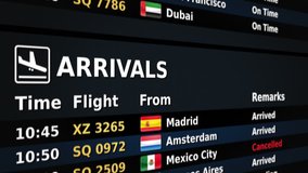 Airport arrival board. Black and Blue. 2 videos in 1 file. Airport arrival board showing time, flight number, city and country flag of the flight. Lateral view. Loopable.