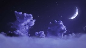 Flying through fluffy clouds with bright moon and stars. Night. Crescent Moon. - Powered by Shutterstock - Get 15% off with code: PIKWIZARD15