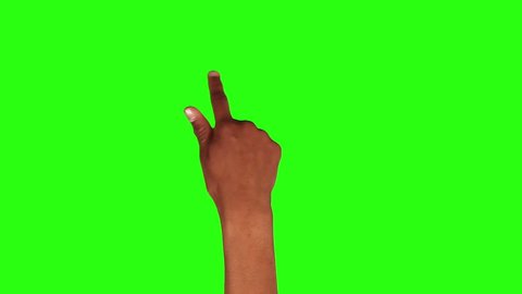 Set of 13 hand touchscreen gestures, showing the uses of computer touchscreen, tablet or trackpad. Afro-American female hand. Green screen.