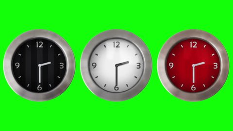 3 Wall clocks. 12 hours time lapsed, you can choose any hour or minute. Green Screen. Red, black and white. Loopable.