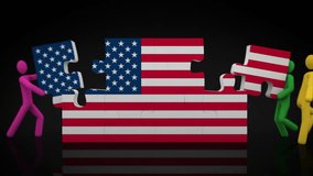United States puzzle. Black background. 2 videos in 1 file. 3D characters doing an US flag puzzle over black background. - Powered by Shutterstock - Get 15% off with code: PIKWIZARD15